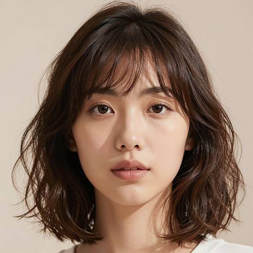 Photograph of an Asian woman with medium-length, wavy black hair, light skin, and brown eyes, looking directly at the camera against a plain