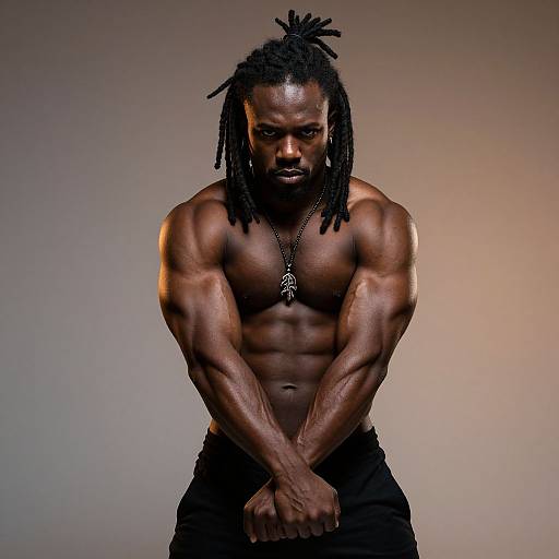 Photograph of a muscular, shirtless Black man with dreadlocks, wearing black pants and a necklace, standing against a gradient beige background, arms crossed