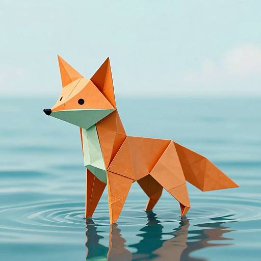 Photograph of an orange, geometric paper fox standing in calm, reflective water, with ripples around its legs. Bright blue sky background.