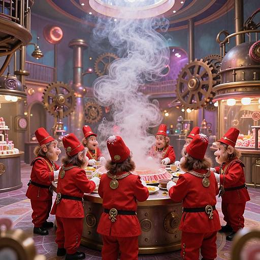 Photograph of six children in red outfits and hats, standing around a steaming cauldron in a steampunk-themed candy shop.