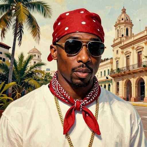 Photograph of a Black man with dark skin, red bandana, white shirt, gold necklace, sunglasses, standing in front of a colonial-style building