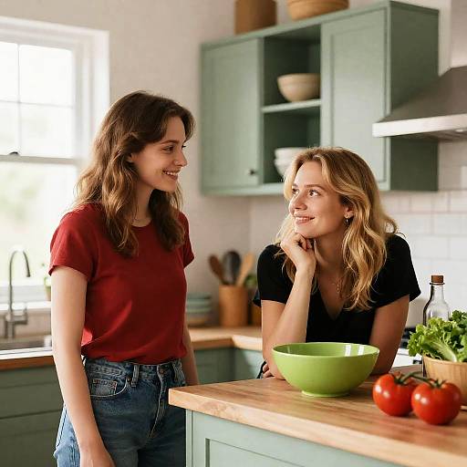 Warm Kitchen Scene with Two Friends