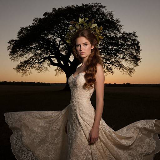 Photograph of a brunette woman in an elegant, lace white wedding dress with floral headpiece, standing before a silhouetted tree at sunset.