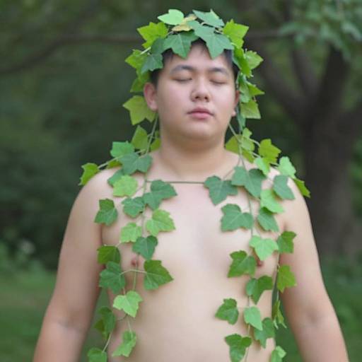 Photograph of a shirtless Asian man with green leaf crown and vine garland draped over his chest, standing outdoors in a forest.