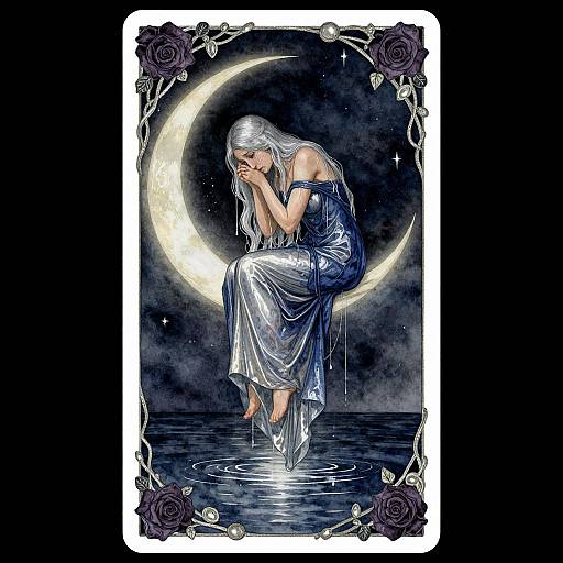 Digital art: Sad, silver-haired woman in a blue, dripping gown, sitting on a crescent moon, hands covering face, reflection in water,