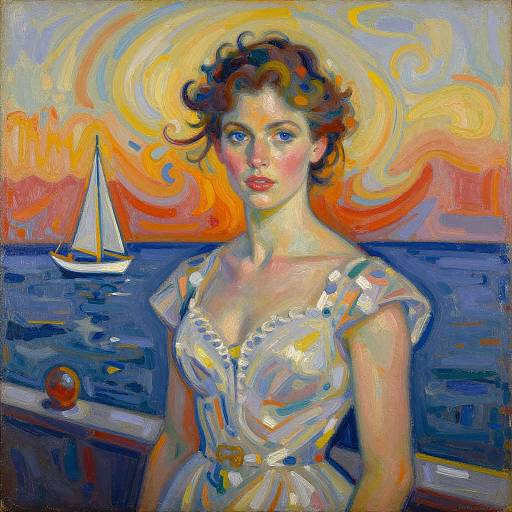 Vibrant oil painting of a fair-skinned woman with curly brown hair, wearing a sheer white dress, against a sunset sky with a sailboat