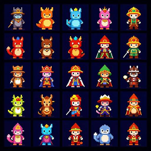 Pixel art grid of 24 colorful, cartoon-style characters with varied fantasy and medieval themes, each in a separate dark blue square.