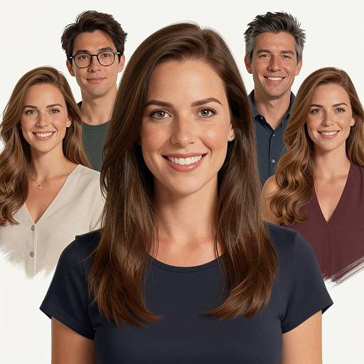 Photograph of a smiling brunette woman in black shirt, surrounded by four smiling colleagues: two women in white and maroon tops, two men in dark