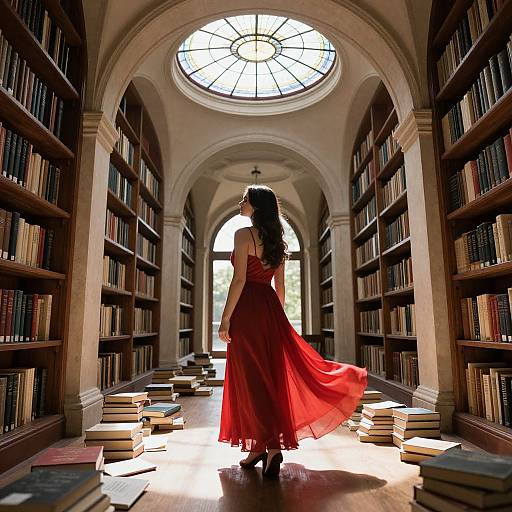 Photograph of a woman with long black hair in a flowing red dress, standing in a sunlit, arched library with bookshelves on both