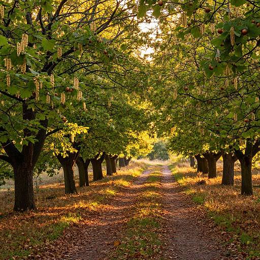 Photograph of a sunlit, autumn orchard path lined with green-leaved trees bearing hanging yellow flowers, with golden sunlight filtering through, casting warm