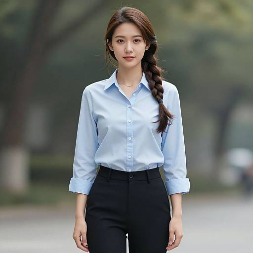 Photograph of an Asian woman with long brown hair in a braid, wearing a light blue button-up shirt and black pants, standing outdoors with a