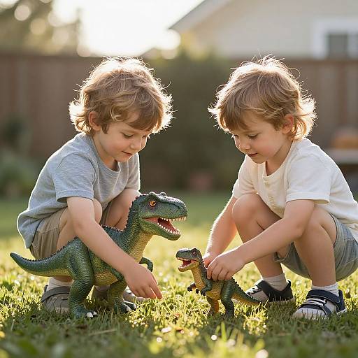 Children Playing with Toy Dinosaur