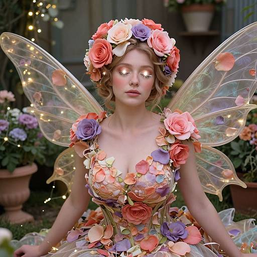 Photorealistic digital art of a fairy with glowing eyes, wearing a flower crown and dress, adorned with pastel roses, and transparent, glowing wings