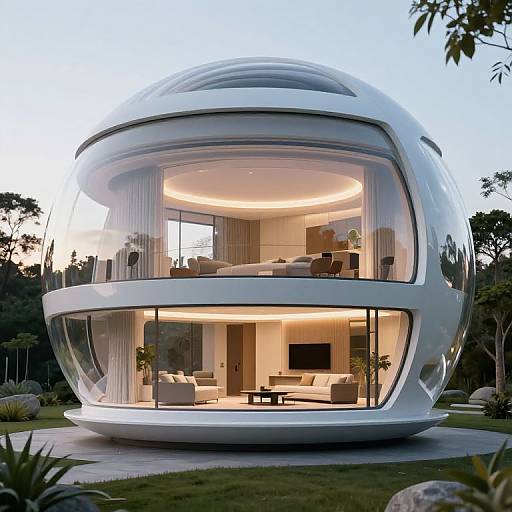 Photorealistic CGI of a modern, spherical, two-story glass house with a white, curvaceous exterior at dusk, revealing a cozy, warmly