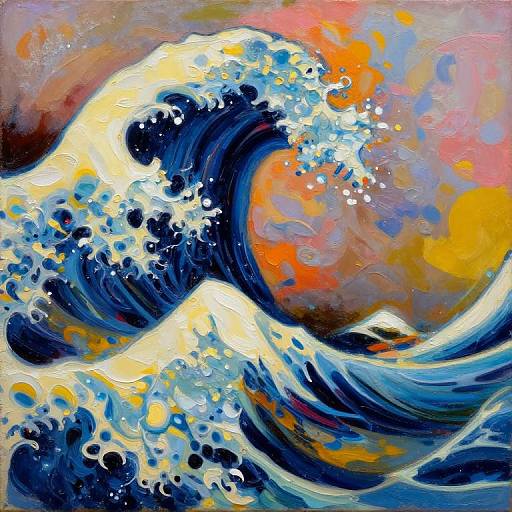 Abstract painting of dynamic ocean waves in vibrant blues, whites, and yellows with swirling textures and colorful splashes against a mixed background.