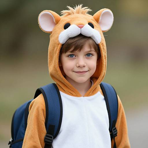 Photograph of a young boy with blue eyes, wearing an orange teddy bear hood with ears, white shirt, and black backpack, smiling outdoors.