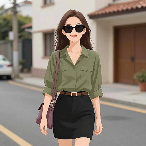 Digital artwork of a stylish woman with long brown hair, wearing black sunglasses, green button-up shirt, black skirt, and brown belt, carrying a purple