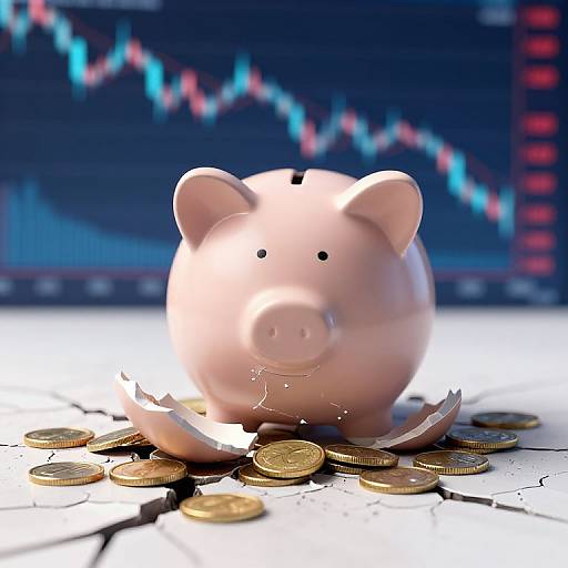 Photograph of a pink piggy bank with a broken crack, surrounded by scattered gold coins, against a blurred graph background.