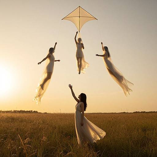 Silhouetted photograph of five women in flowing white dresses, jumping and holding a kite in a golden sunset over a grassy field.
