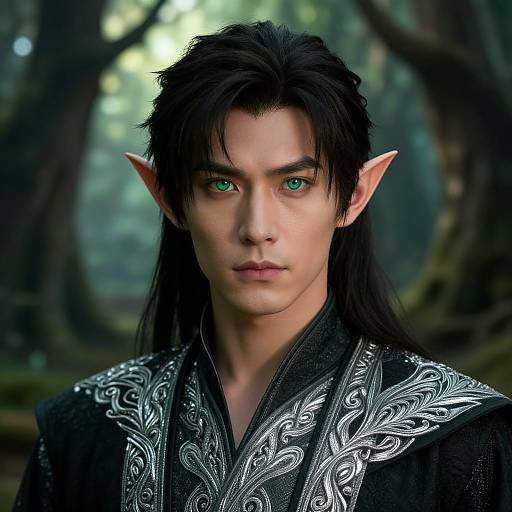 Digital fantasy portrait of a pale-skinned, green-eyed elf with long black hair, pointed ears, and an intricately patterned black robe in a