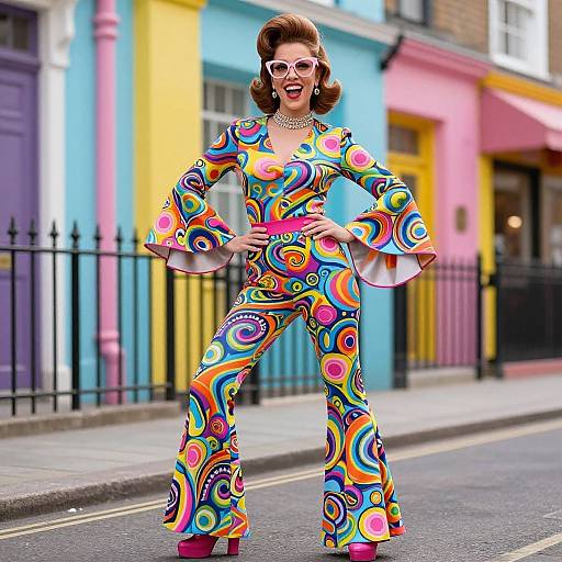 Photograph of a retro-style woman in vibrant, 1970s-inspired, psychedelic jumpsuit, standing confidently on a colorful street with pastel buildings