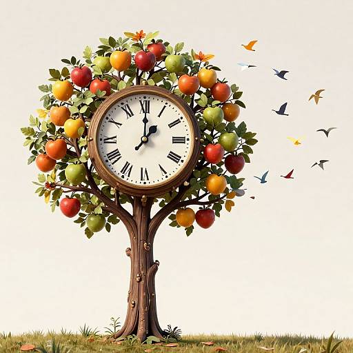 Surreal Clocktower Tree with Time Birds