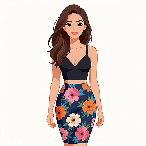Digital illustration of a smiling woman with long brown hair, wearing a black crop top and floral-patterned high-waisted skirt, against a plain white