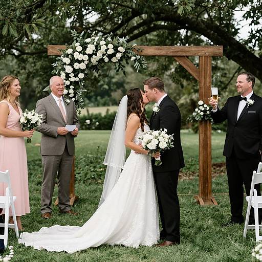 Photograph of outdoor wedding ceremony: bride in white gown and veil, groom in black suit, kissing. Four attendants in pink and gray. Floral