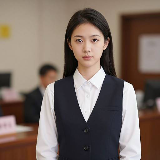 Photograph of an East Asian woman with long black hair, wearing a white shirt and black vest, standing in a blurred office background. She has a