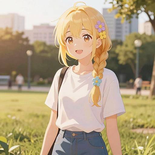 Cheerful Blonde Anime Girl in Park