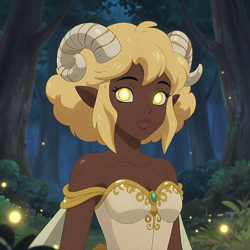 Digital anime-style drawing of a dark-skinned, blonde-haired demon girl with glowing yellow eyes, white horns, and a white, gold-accented