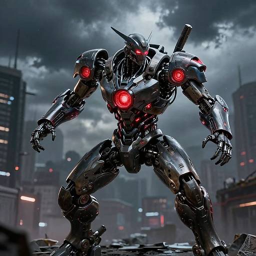 CGI image of a menacing, black, robotic warrior with glowing red eyes and lights, standing in a dark, stormy, futuristic cityscape.