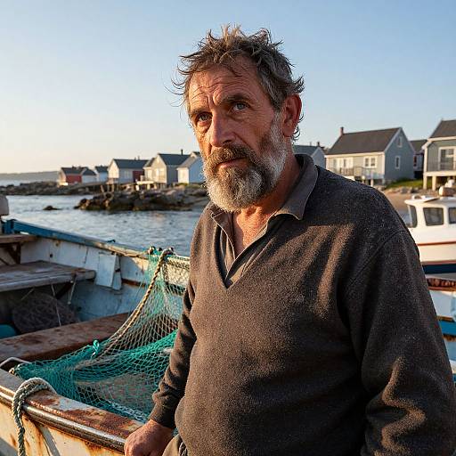 Photograph of a weathered, middle-aged man with a gray beard and tousled hair, wearing a dark sweater, holding fishing net, standing by