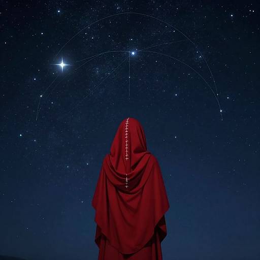 Mysterious figure in red hooded cloak gazes at starry night sky with constellations, digital art, deep blue background.