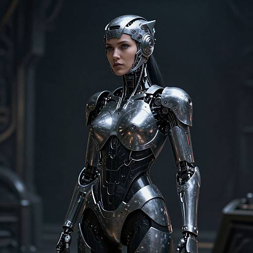 Photorealistic CGI of a silver-haired woman in shiny, futuristic metallic armor with a helmet, standing in a dimly lit, industrial background.