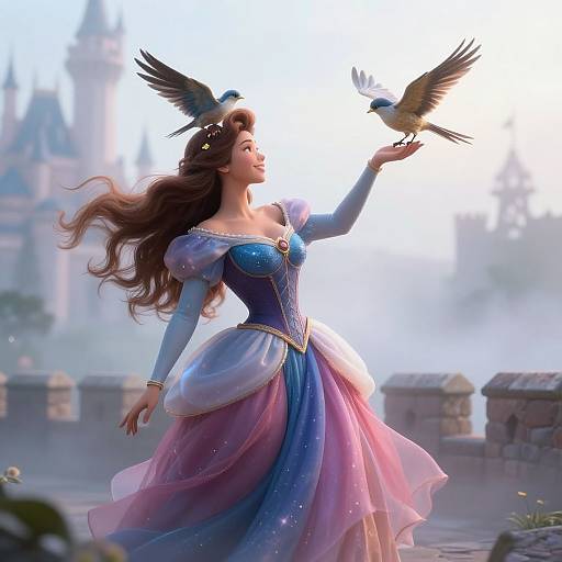 Digital art of a beautiful princess in a shimmering blue and pink gown, with long brown hair, gently touching a bird's wing in a magical,