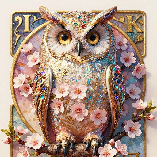 Electric Art Nouveau Owl of Cherry Blossoms