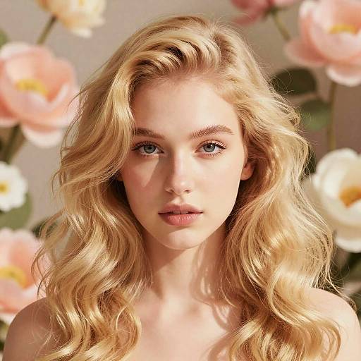 Photograph of a blonde, blue-eyed woman with wavy hair, standing against a background of soft-focus pink and white flowers.