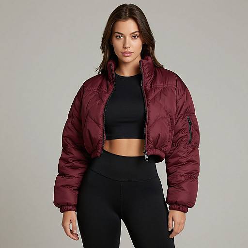 Photograph of a young woman with dark brown hair, wearing a maroon puffy jacket, black crop top, and high-waisted black pants