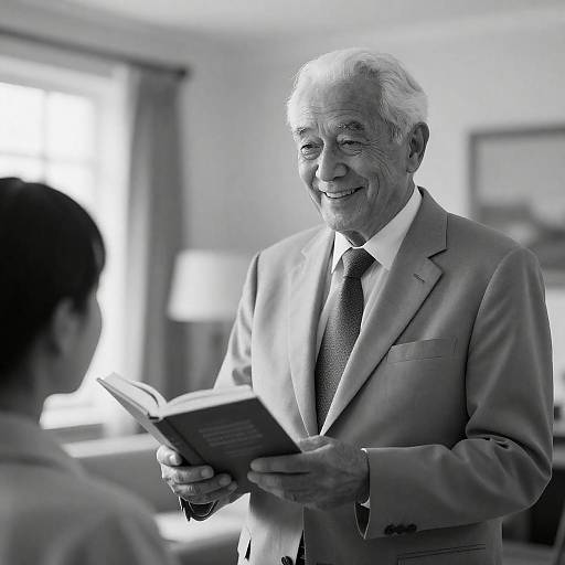Elderly Man with Book in Light Room