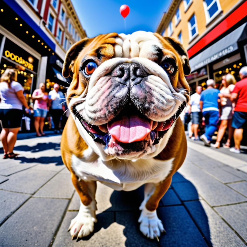 Goofy Bulldog in a Busy Shopping Street