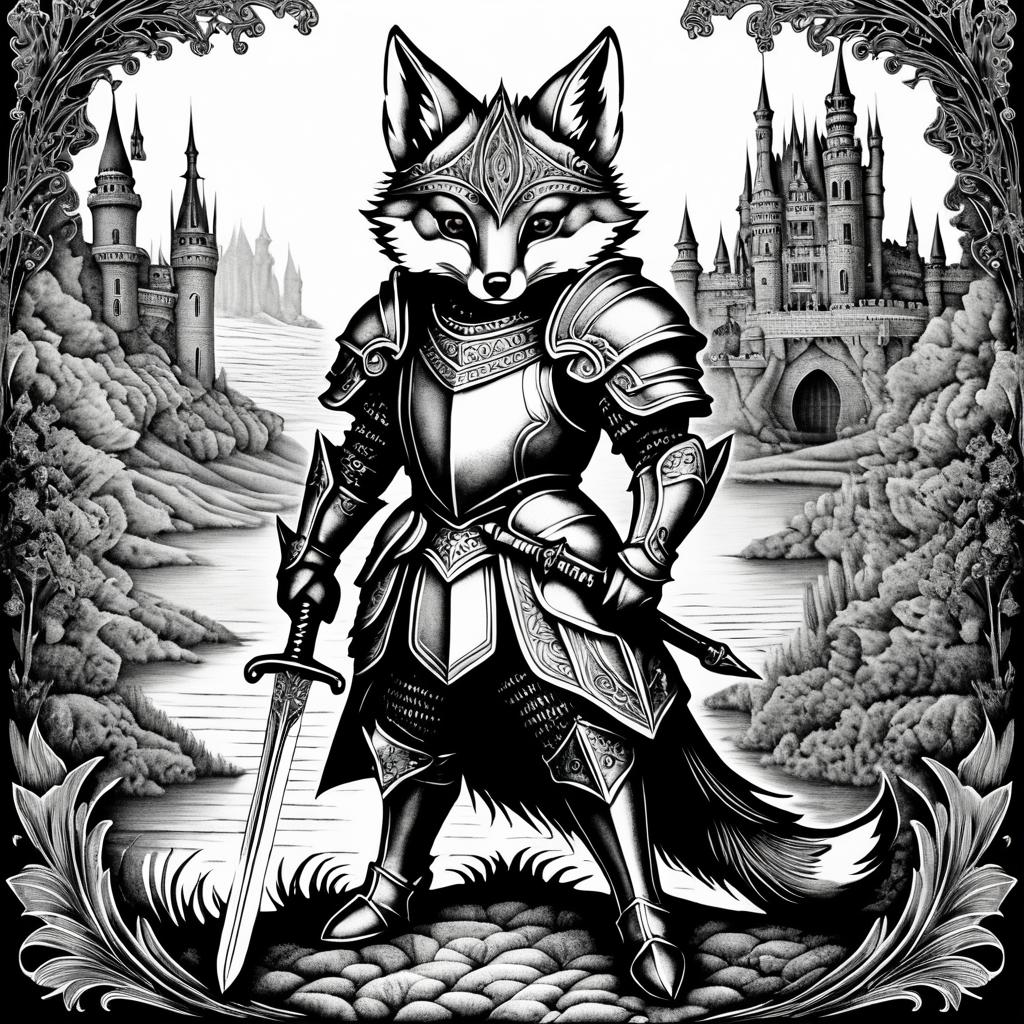 Surreal Armor-Clad Fox in Ink