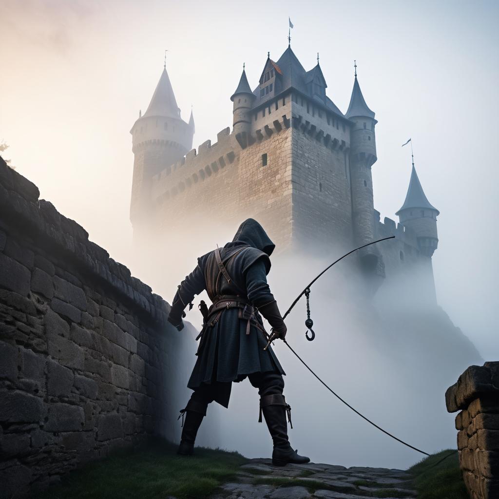 Roguish Outlaw Scaling Medieval Castle