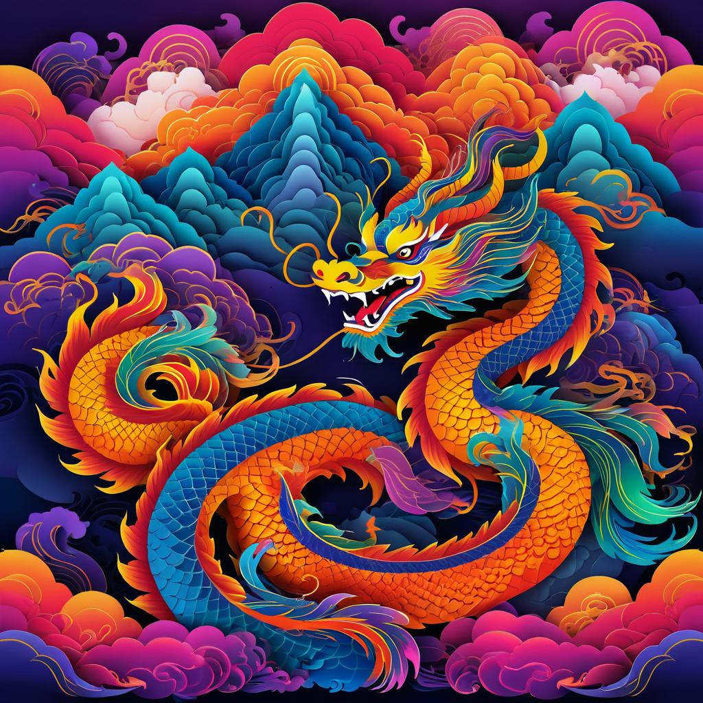 Vibrant Chinese Dragon in Smoky Landscape