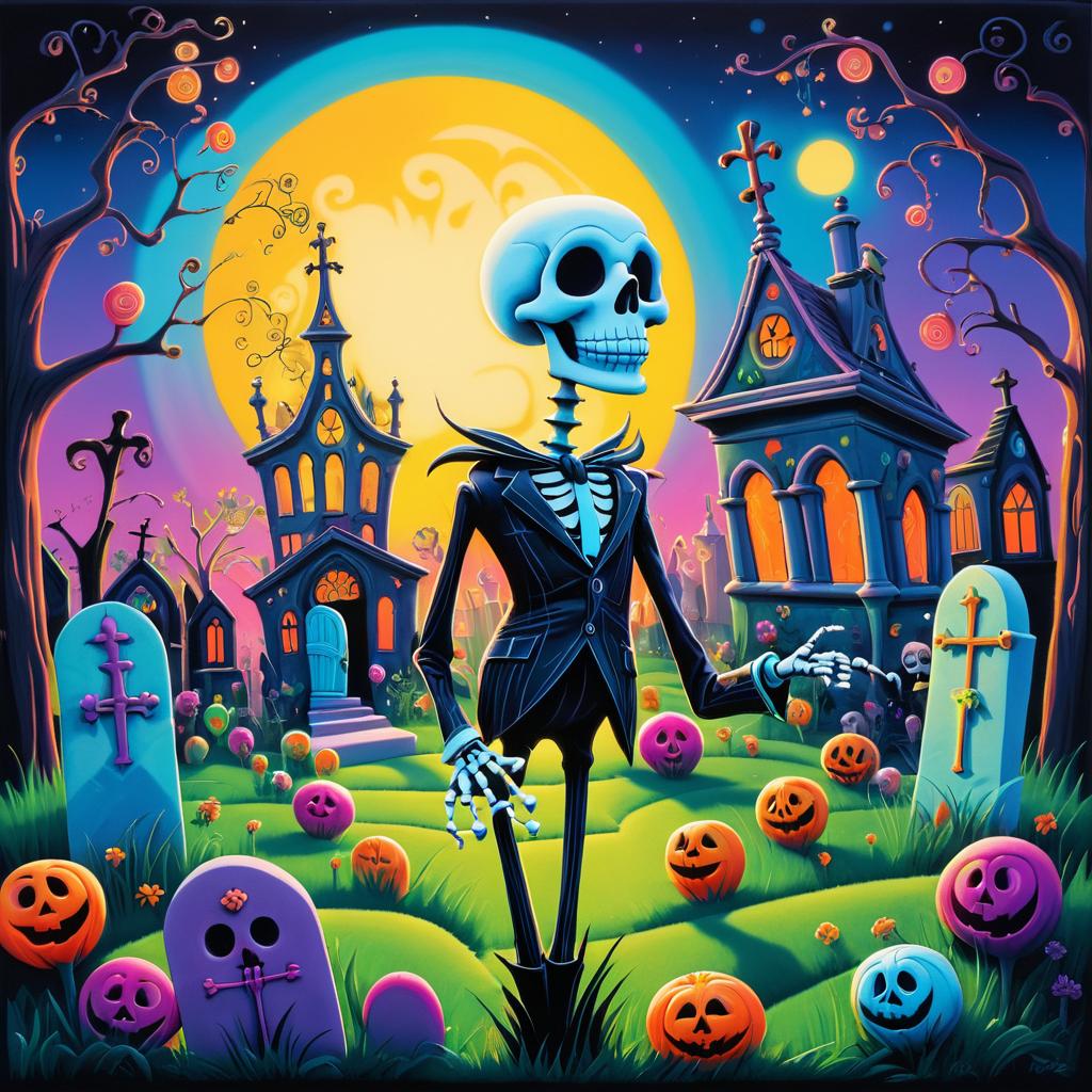 Whimsical Skeleton Art in Vibrant Graveyard