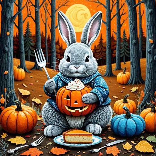 Whimsical Bunny with Pumpkin Pie in Autumn Forest Whimsical Bunny with Pumpkin Pie in Autumn Forest