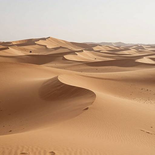 Photograph of a vast, sunlit desert with undulating, rippled sand dunes casting soft shadows, under a bright, white sky.