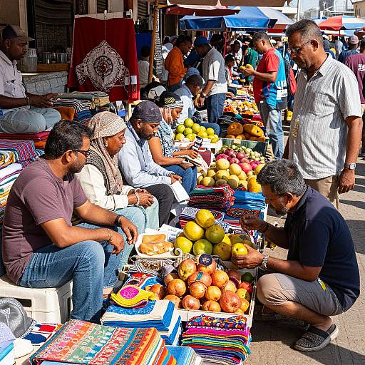 Photograph of a vibrant outdoor market stall with diverse men, colorful fruit, and textiles, under blue and red umbrellas.