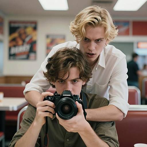 Two Young Men with Camera in Diner