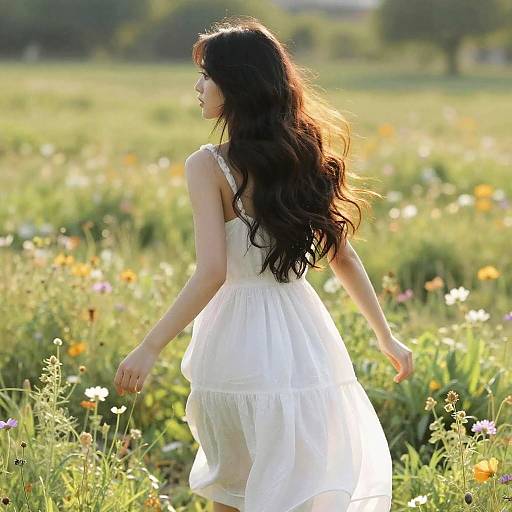 Photograph of a young woman with long, wavy black hair in a white, sleeveless, layered dress walking through a sunlit, colorful me